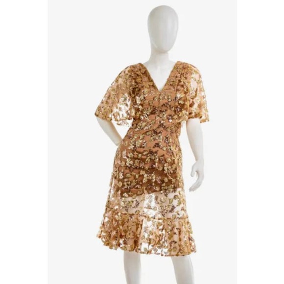 Dress The Population Women's Beige Short Sleeve Sequin Midi Dress Size S - Picture 5 of 8